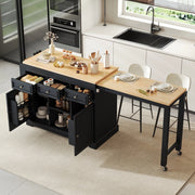 Mobili da cucina, isola da cucina, tavolo da pranzo allungabile, con rotelle, 3 cassetti, finitura effetto legno, nero e colore legno naturale
