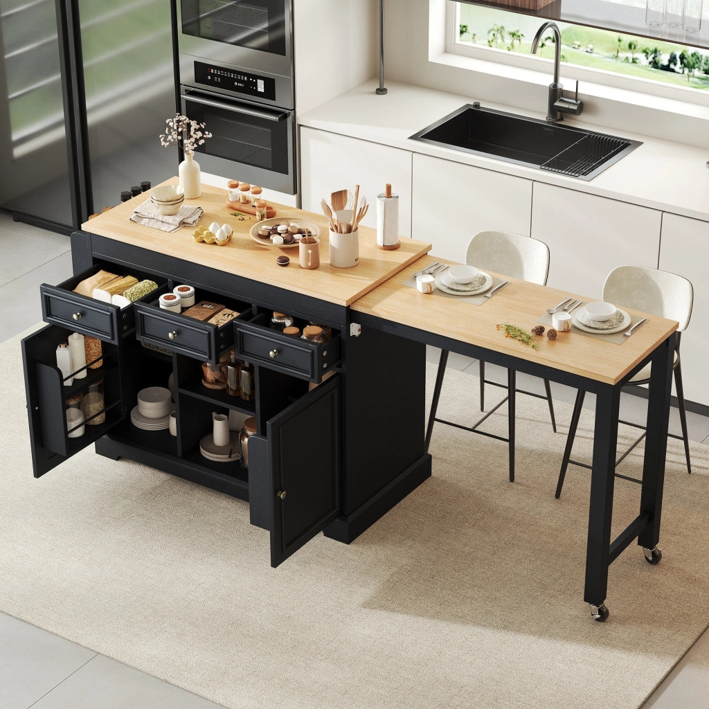 Mobili da cucina, isola da cucina, tavolo da pranzo allungabile, con rotelle, 3 cassetti, finitura effetto legno, nero e colore legno naturale