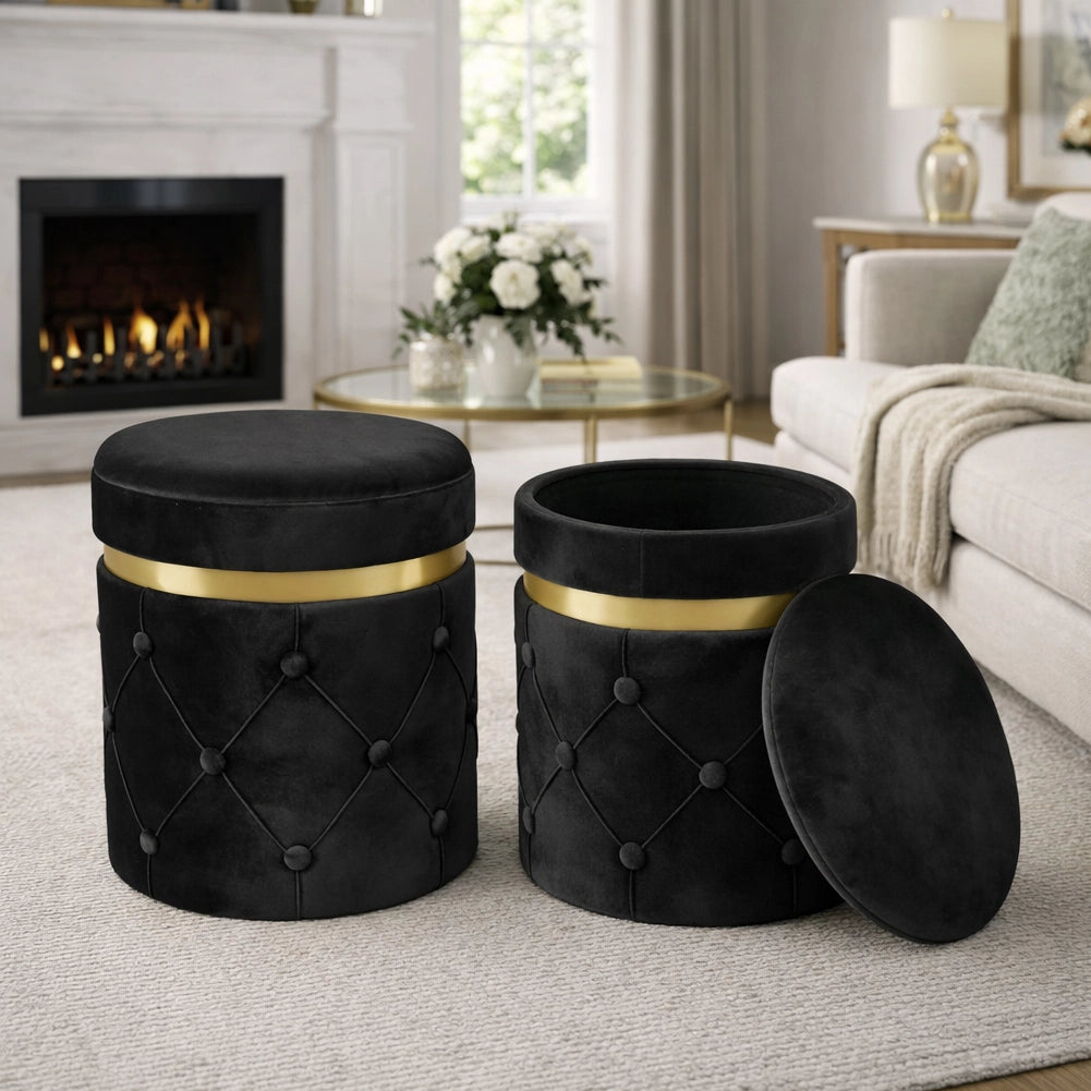 Set 2 Pouf Contenitori Nero in Velluto con Design Trapuntato 38x44cm 31x38cm