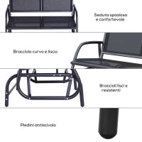 Panchina a Dondolo da Giardino a 2 Posti in Metallo e Tessuto a Rete Traspirante, 120x70x85cm, Nero