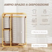 Cestino Portabiancheria in Bambù con 3 Sacchi e Ripiani in Tessuto, 50x32x69.7 cm, color Bambù e Crema