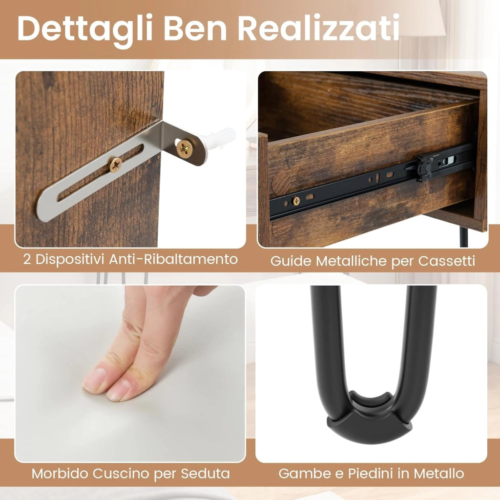 Toeletta Trucco con Specchio e Luci, Tavolo Trucco con Specchio Regolabile, Stazione di Ricarica Integrata, 2 Cassetti, Sgabello Imbottito, per Soggiorno Camera da Letto