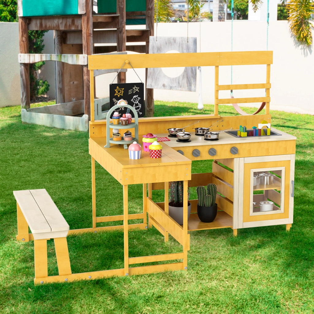 Cucina da giardino con tavolo da picnic per bambini-Set gioco in legno di abete con panchina Legno naturale