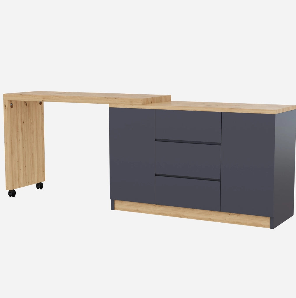 Scrivania girevole e pieghevole 120x50x76.5 cm con 2 porte e 3 cassetti in truciolato grigio e naturale