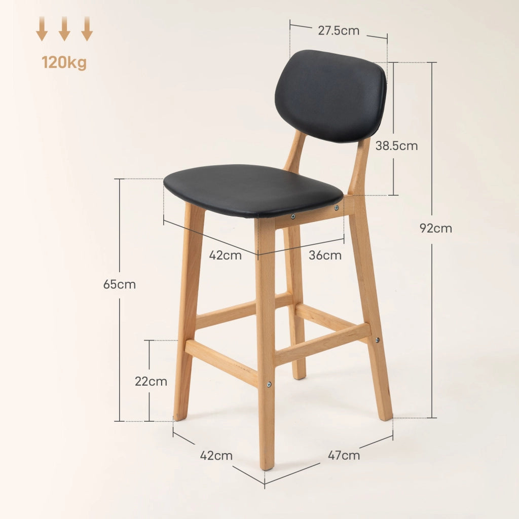 Set 2 Sgabelli da Bar con Schienale 42x47x92 cm Rivestimento Finta Pelle e Poggiapiedi Nero
