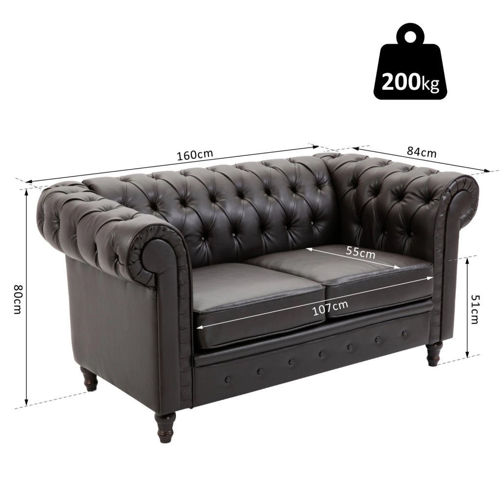 EasyComfort Divano 2 Posti in Stile Chesterfield in Pelle PU con Cuscino Rimovibile, 160x84x80 cm, Nero