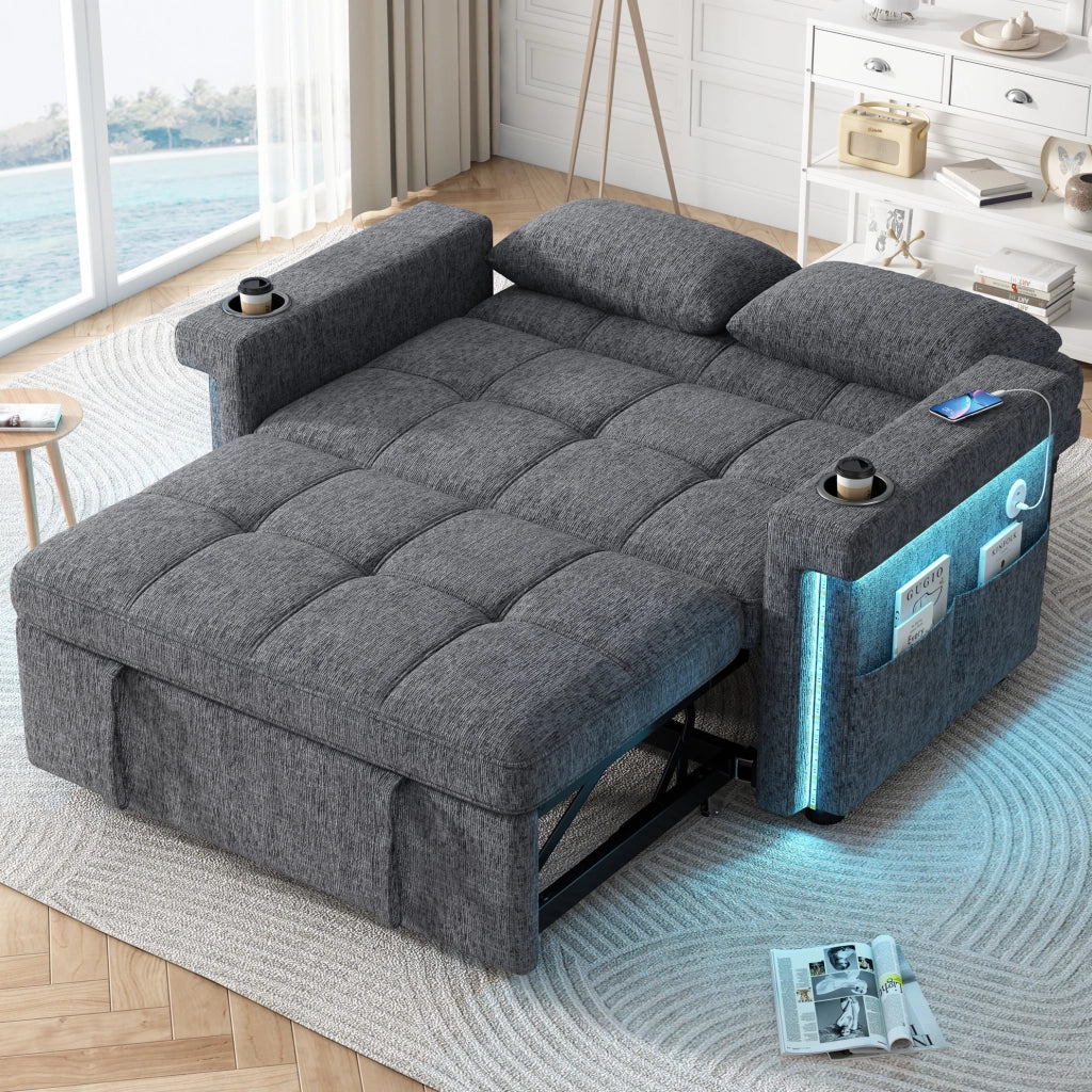 Sofa 2 posti con funzione letto; LED; USB/Type-C; schienale regolabile; Chenille grigio 145x141;5x90 cm