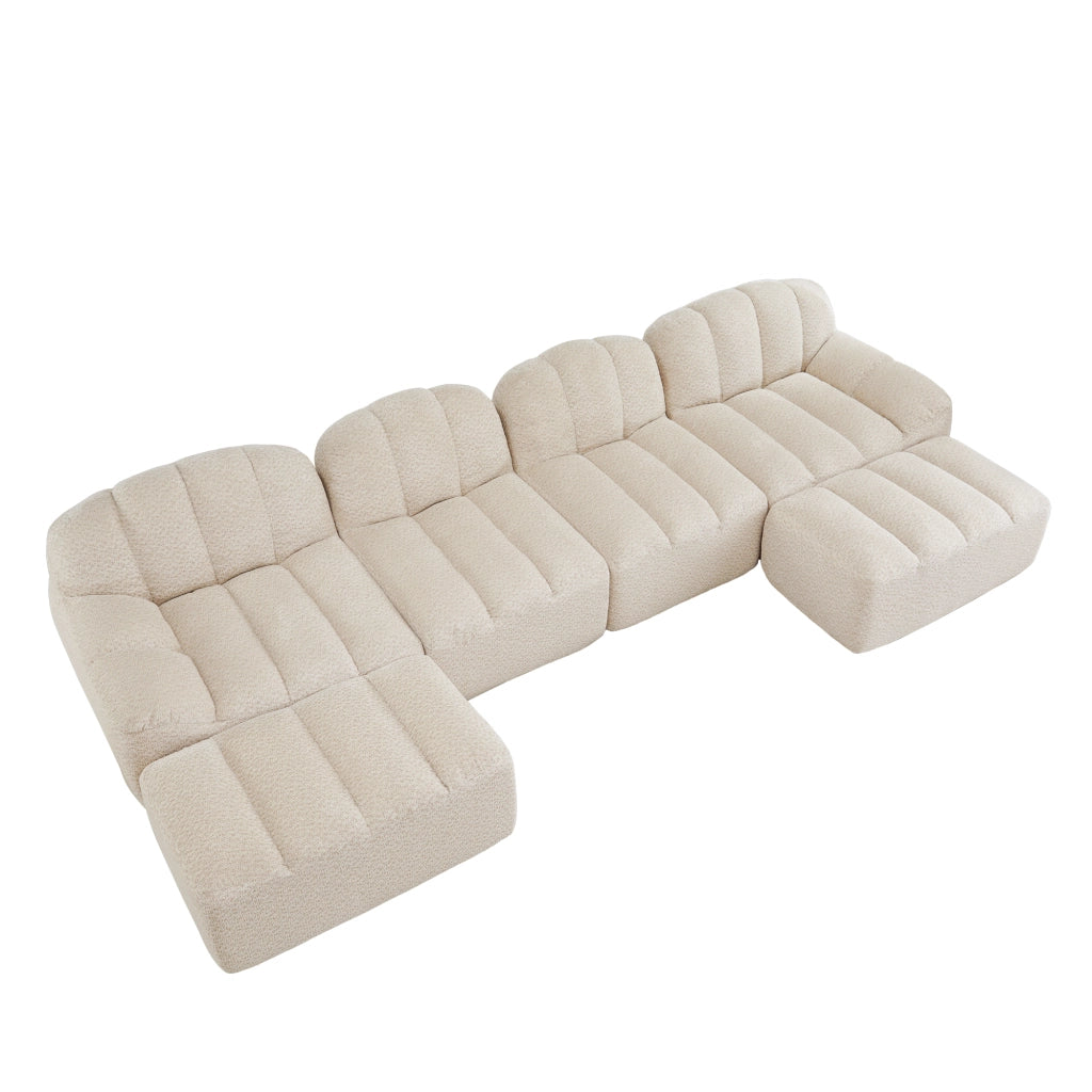 Divano modulare angolare 4 posti con pouf; forma a U; 366 x 165 x 79 cm; beige bianco