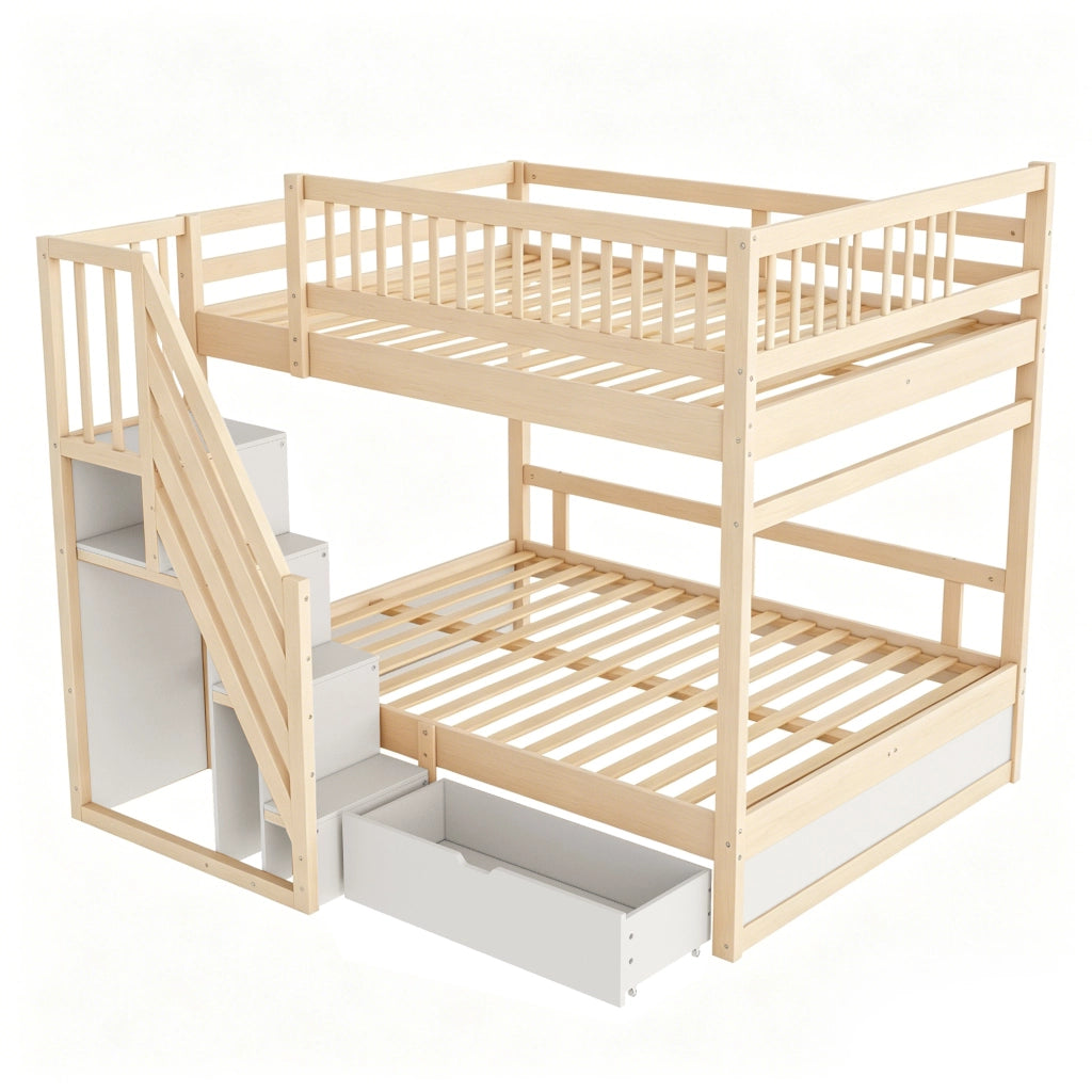 LETTO a castello 140x200 cm in legno con scala contenitore e cassetti