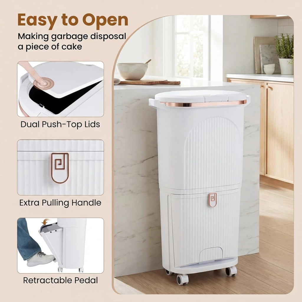 Bidone per Spazzatura Interno 38 L, Pattumiera da Cucina Differenziata a 3 Scomparti con Ruote e Maniglie, Secchio dei Rifiuti in PP on Coperchi a Pressione e Pedale (Bianco)