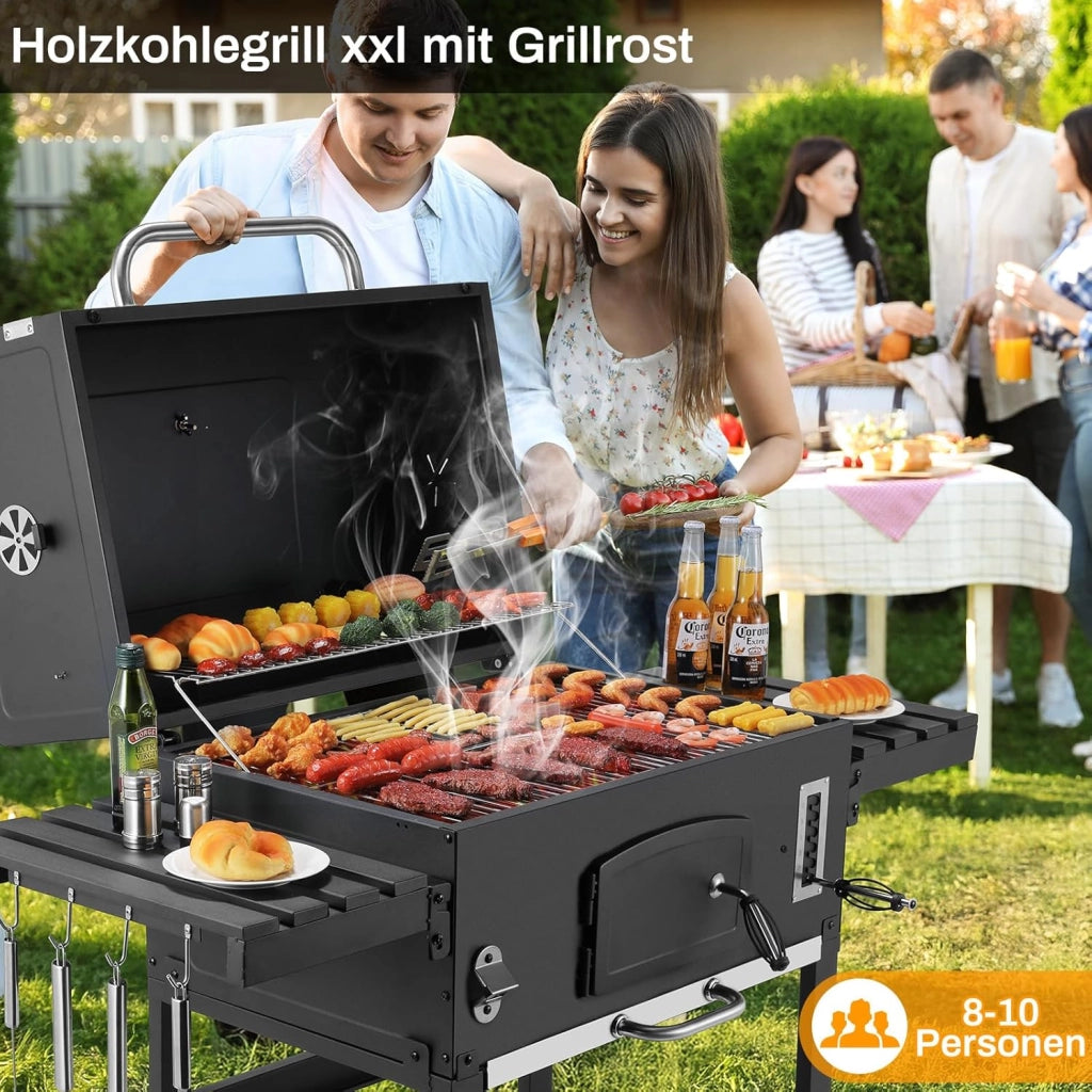 Grande Barbecue Carbonella XXL, BBQ Smoker con Camino e Coperchio, Griglia per Barbecue con 2PCS Ruote, Termometro, Altezza Regolabile, BBQ Carbonella per Giardino, 138x155x61 cm