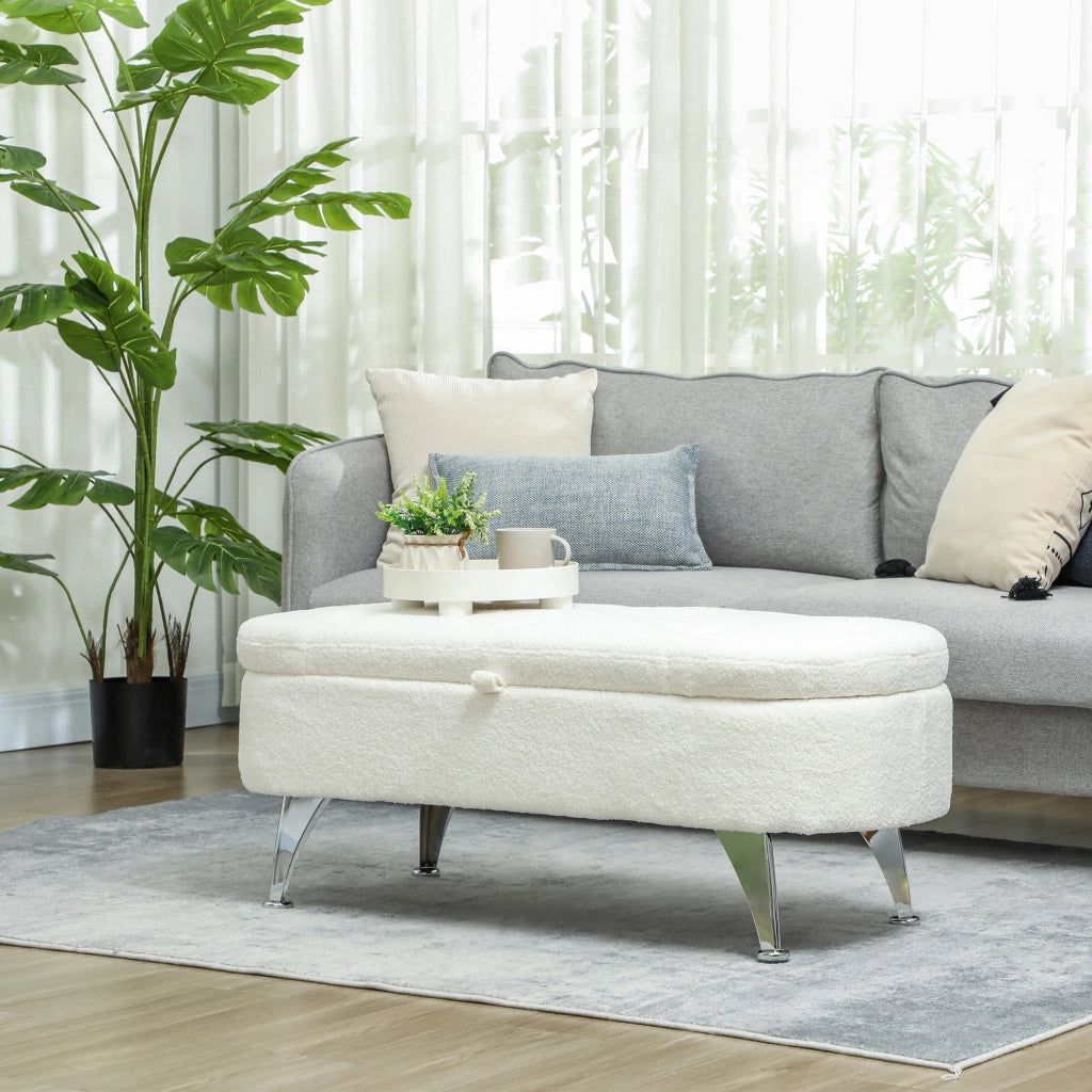 Panca contenitore imbottita con coperchio e gambe in metallo in poliestere bianco 114 × 47 × 46,5 cm