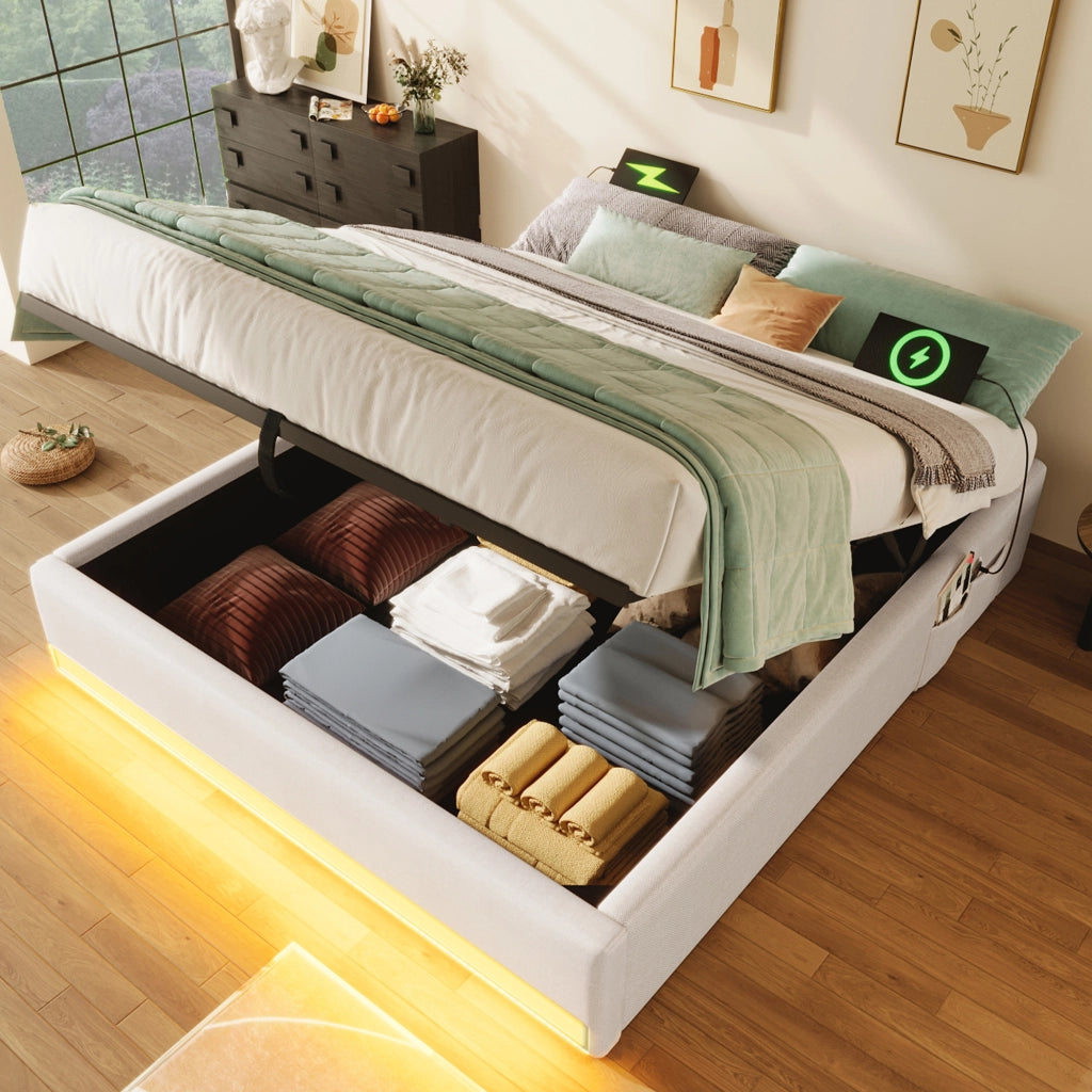 Letto Contenitore 140x200 cm con LED; USB; Type-C e Tasche Laterali in Lino Beige