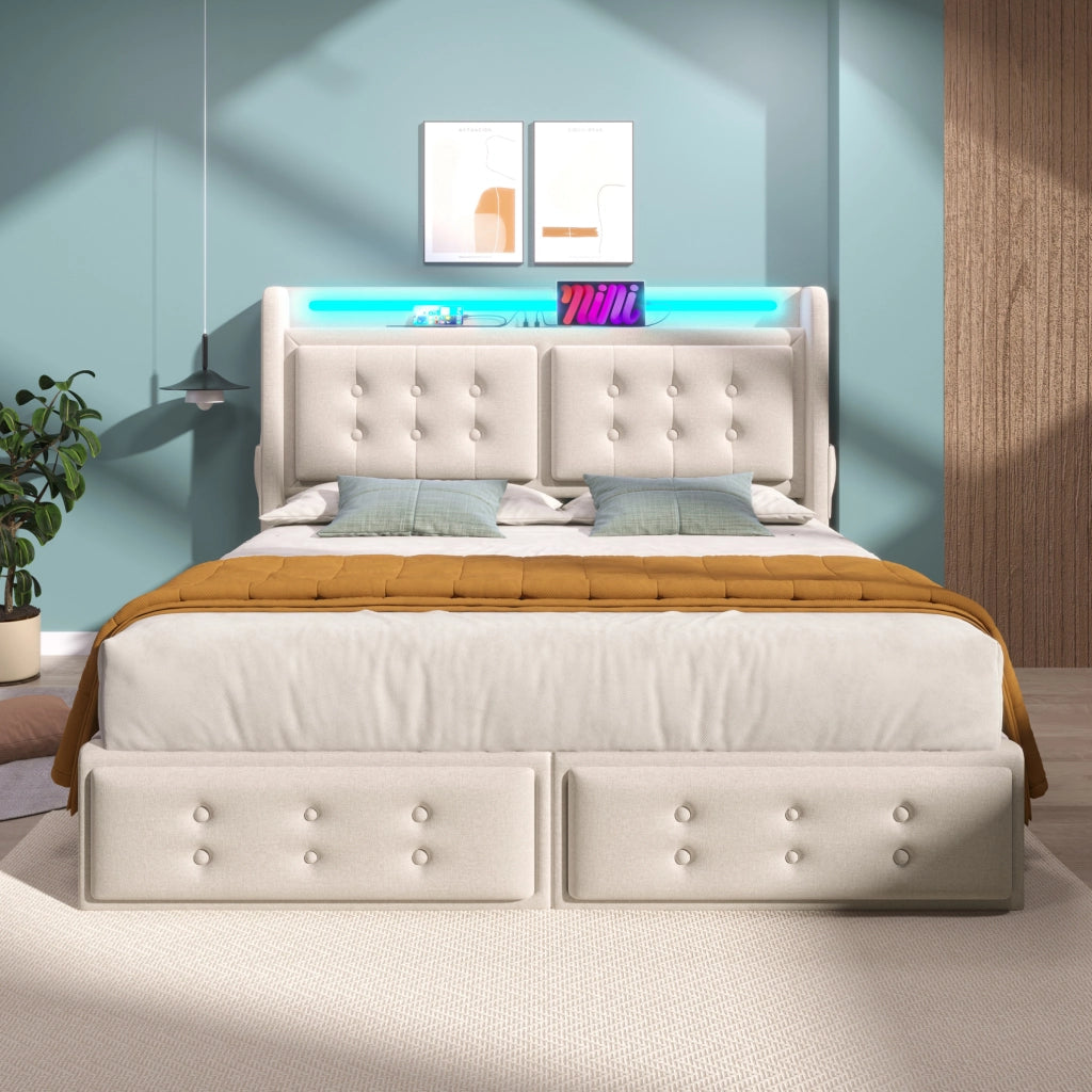Letto contenitore 140x200 cm con LED; USB C; USB e 4 cassetti; beige