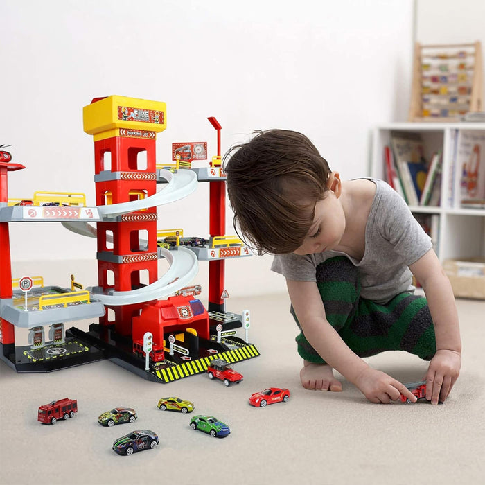 Garage Giocattolo Multilivello per Bambini Stazione dei Pompieri Elicottero e Macchinine con Luci e Suoni Multicolore
