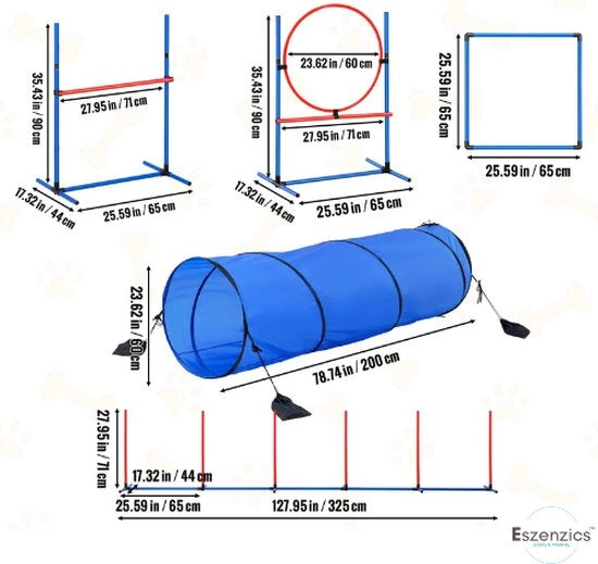 Agilità set Pro5 - Allenamento per cani - Leggero e portatile - Agilità - 5 pezzi - Tunnel - Pista di ostacoli - Hoop - Borsa di trasporto - Addestramento per cuccioli