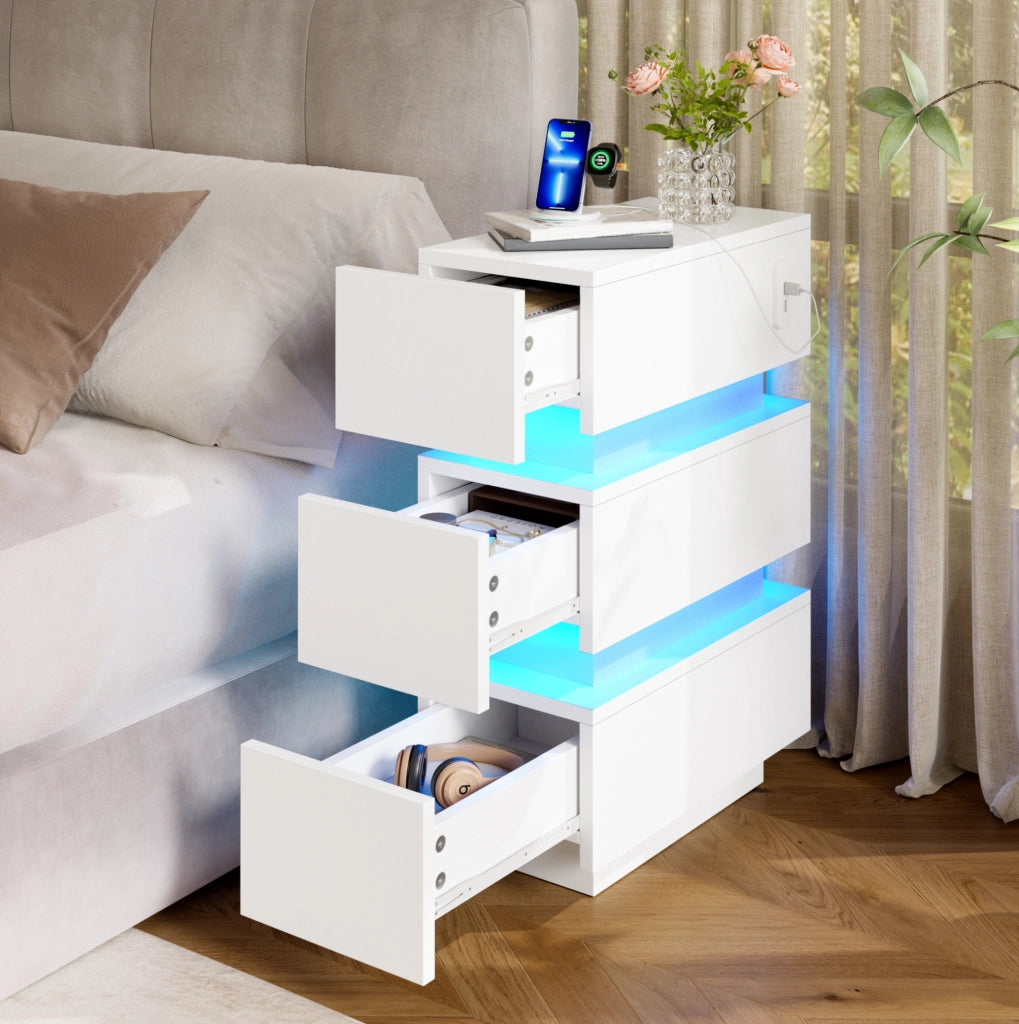 COMODINO con LED e USB/Type-C 20x40x59,5 cm Bianco, Set da 2 pezzi