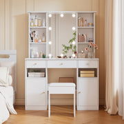 Toeletta 110x40x151 cm con specchio, 10 luci LED e contenitori bianca