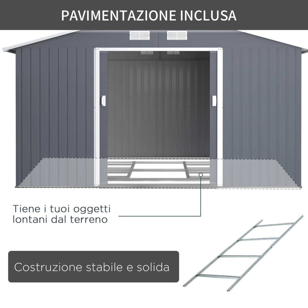 EasyComfort Casetta da Giardino 12.4m² con Fondazione, 4 Prese d'Aria e 2 Porte Scorrevoli, Capanno Porta Attrezzi in Lamiera d'Acciaio, 340x386x200 cm, Giallo
