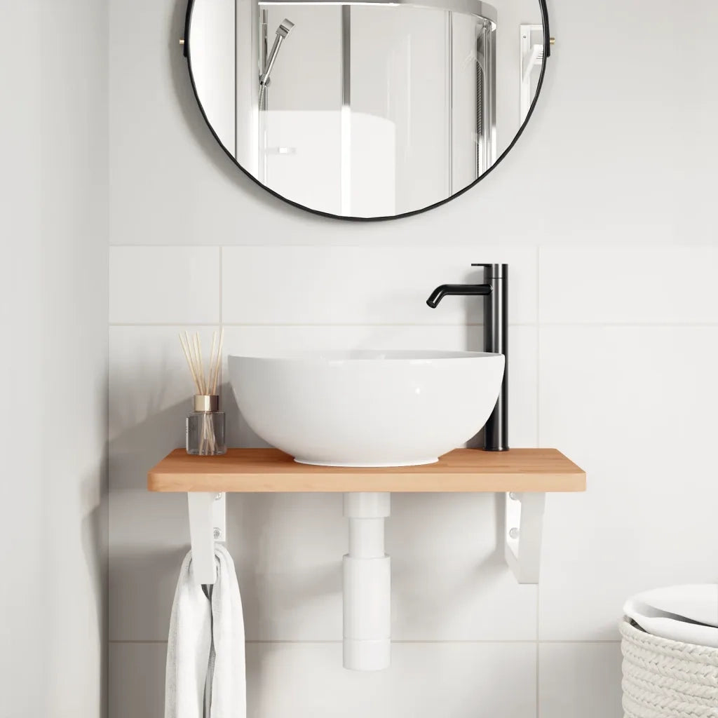 Ripiano a Parete per Lavabo-Mensole a Muro in Acciaio e Massello di Faggio 787478