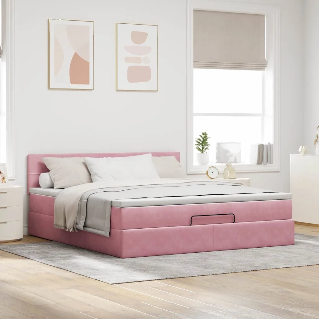 Struttura Letto Pouf con Materasso Rosa 160x200 cm in Velluto 3311788