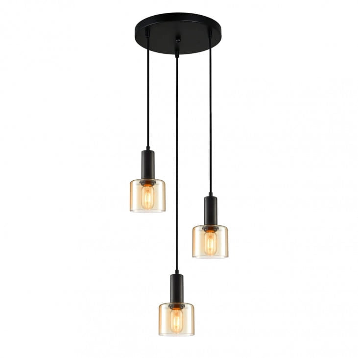 Lampadario Italux Santia 3 luci E27 nero vetro ambra