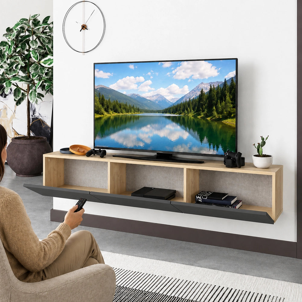 Mobile TV sospeso 180x30cm FRANCY Quercia e Antracite 3 Ante a Ribalta Parete