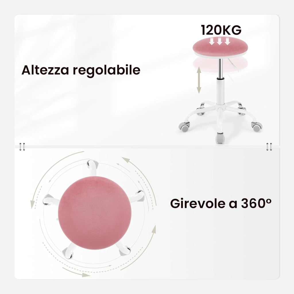 Sedia da Ufficio Regolabile in Altezza, Sgabello Girevole a 360°con Rotelle, Sedia da Trucco per Camera da Letto Studio Soggiorno Cucina, 45,5-57,5 cm, Velluto, Rosa, 0177BGY