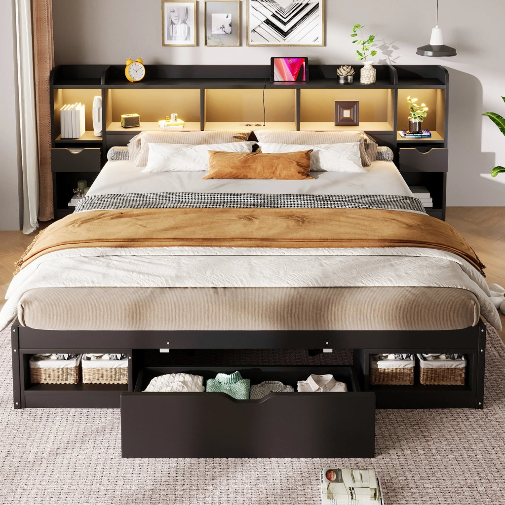 Letto 180x200 cm con LED, USB e 3 cassetti in MDF e compensato nero