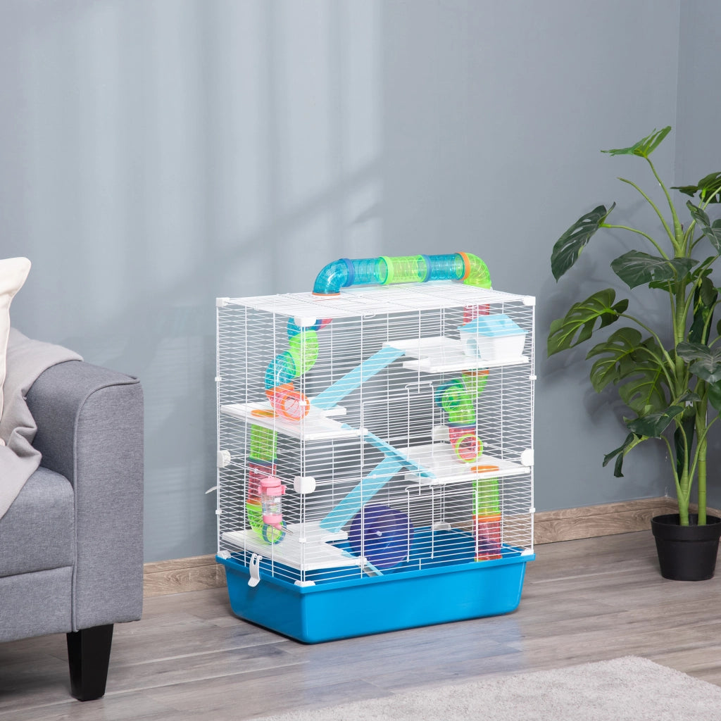 Gabbia per Criceti a 5 Livelli con Tubi, Casetta e Ruota ¨C zephmum ¨C Blu e Bianco, Acciaio e PP, 59x36x69 cm