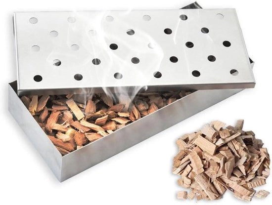 Box di fumo per barbecue in acciaio inossidabile - Top Meat - spiedini di legno - griglia a gas e carbone - colore argento - accessori per barbecue - box di fumo stabile.