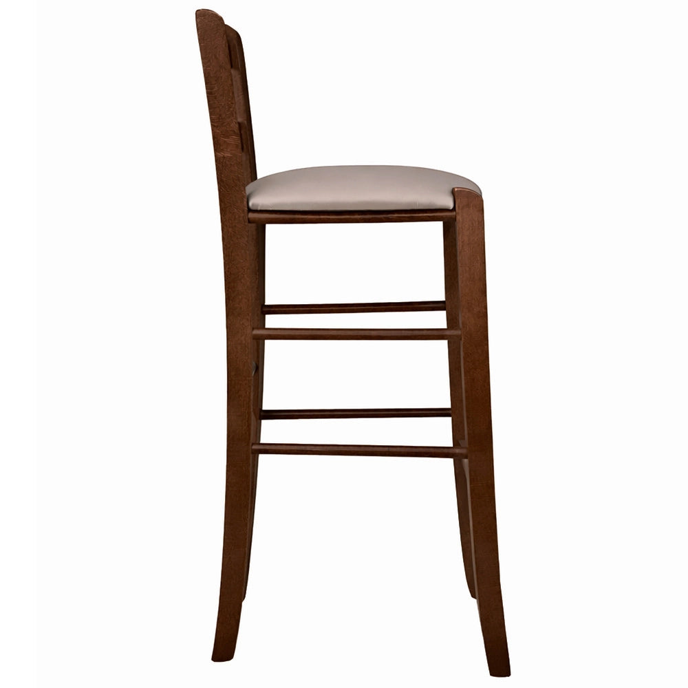 Sgabello in legno noce scuro h 67 cm con seduta imbottita in similpelle tortora
