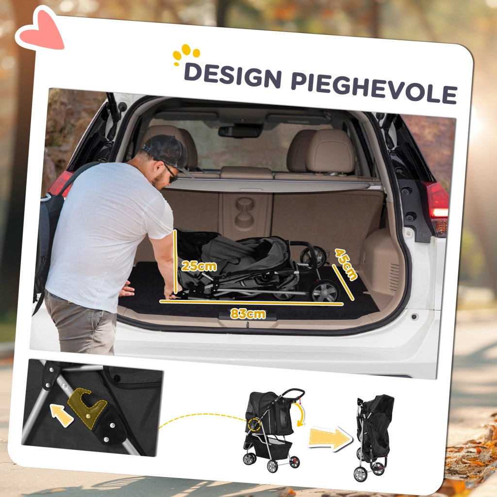 Carrozzina Pieghevole per Cani Piccoli ¨C zephmum ¨C Nero, Ruote con Freni, Portabicchieri, Cestino