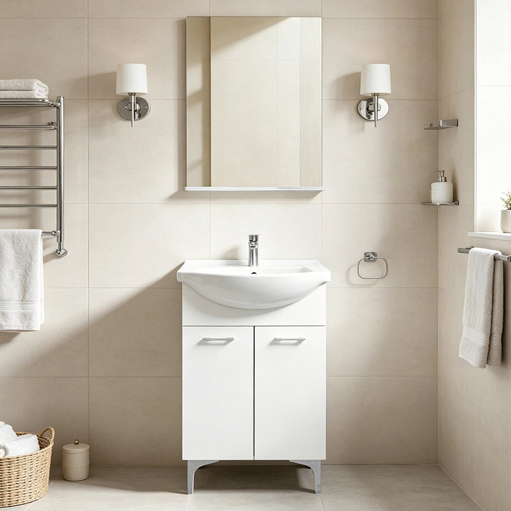 Set Completo Mobile da Bagno da Terra 55 cm Due Ante Bianco Specchio e Accessori