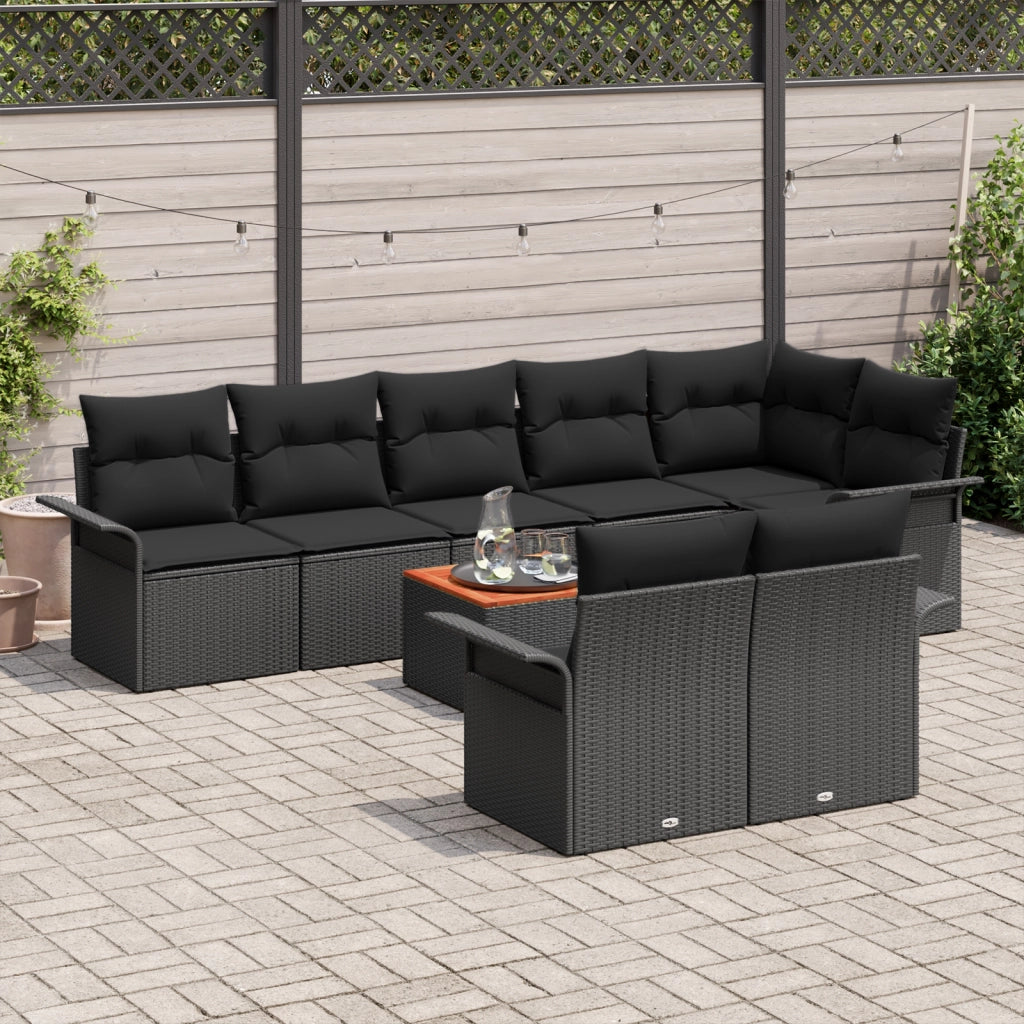 Set di divani da giardino da 9 pezzi con cuscini in polirattan nero e acacia
