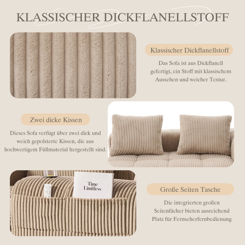 DIVANO con tasche laterali e portabicchieri 158x93x61 cm, corduroy khaki