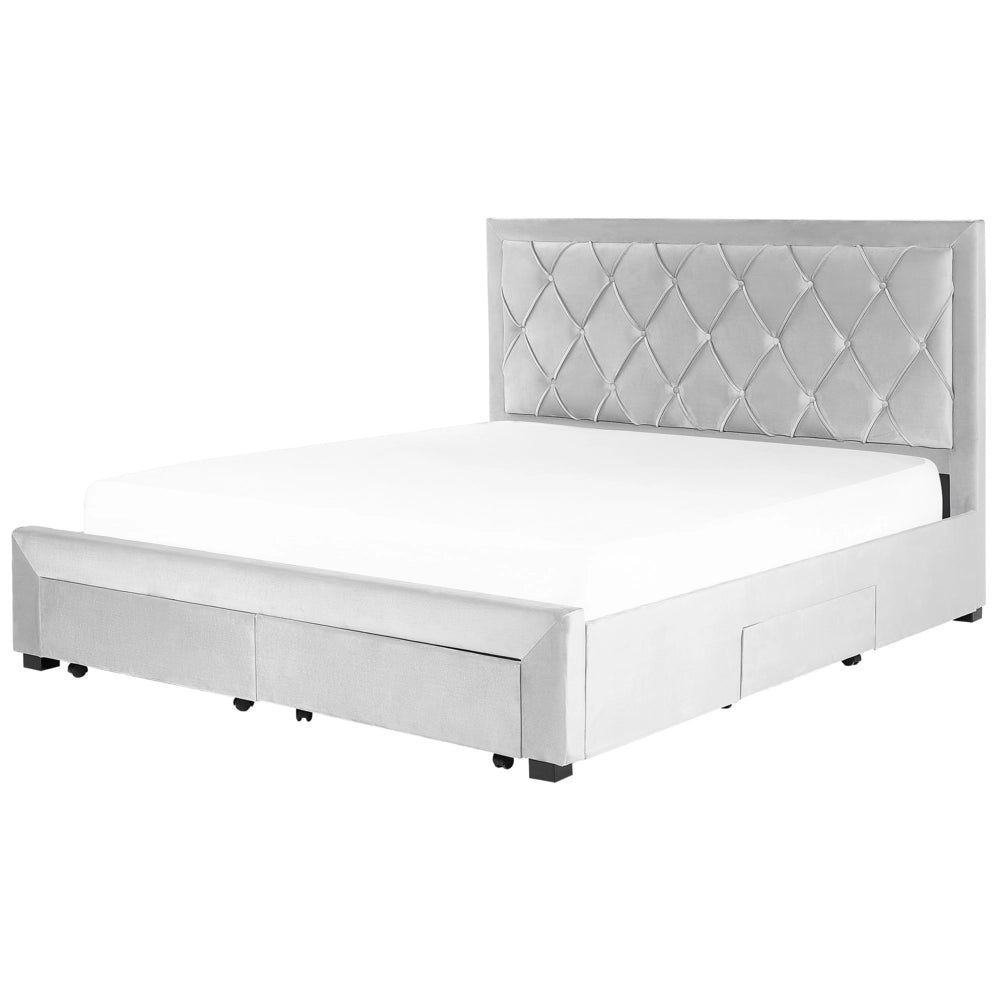 Letto contenitore tappezzeria in velluto grigio chiaro 180 x 200 cm trapuntato testiera alta cassetti Glam Design
