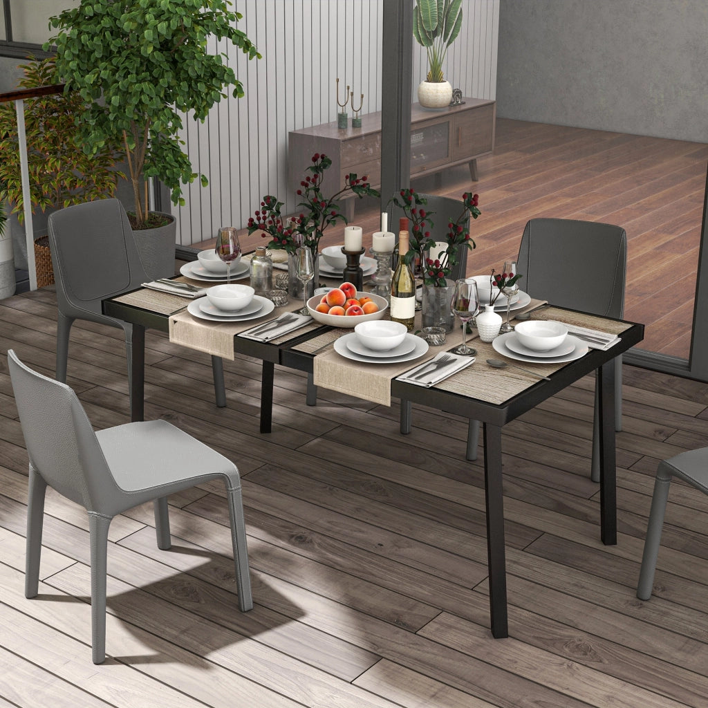 Tavolo da Giardino 145x85x72 cm con Piano Effetto Legno in Plastica PSPC e Acciaio Grigio