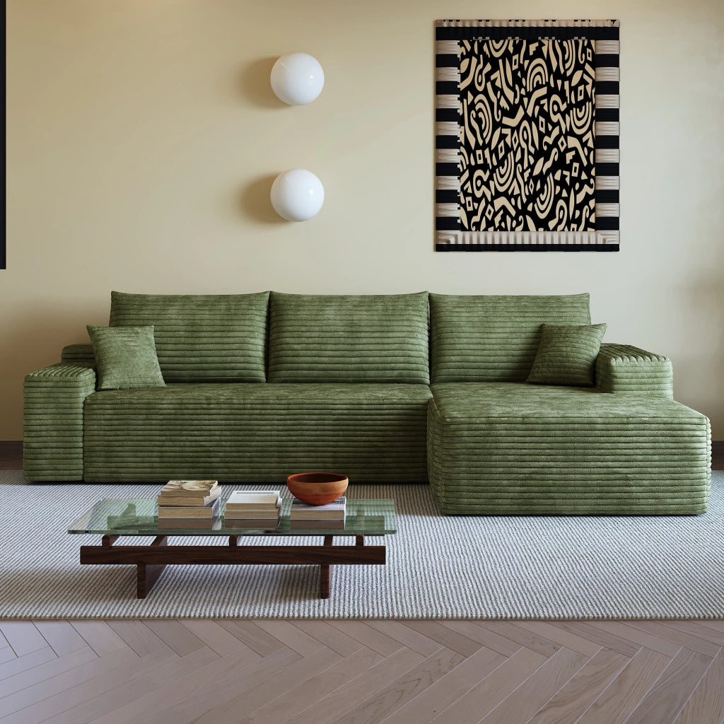Divano angolare modulare senza montaggio con seduta profonda in tessuto a coste verde 270 × 175 × 83 cm