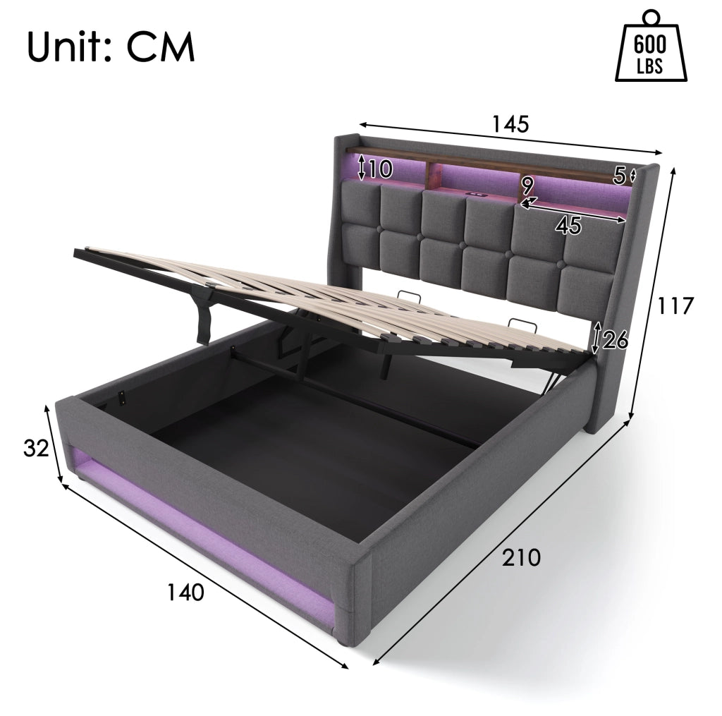 Letto imbottito LED con USB 140x200 cm, design vintage e contenitore
