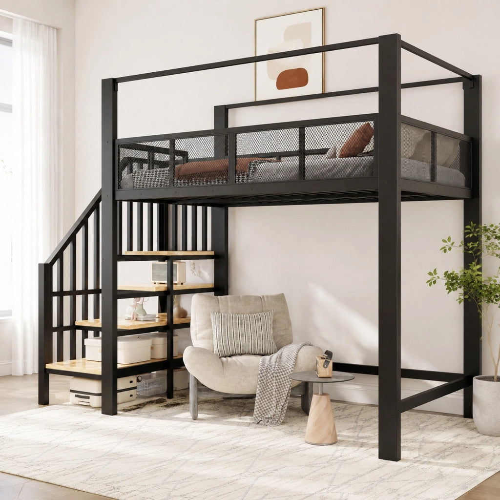 LETTO a soppalco 90x200 cm in metallo nero con scala portaoggetti