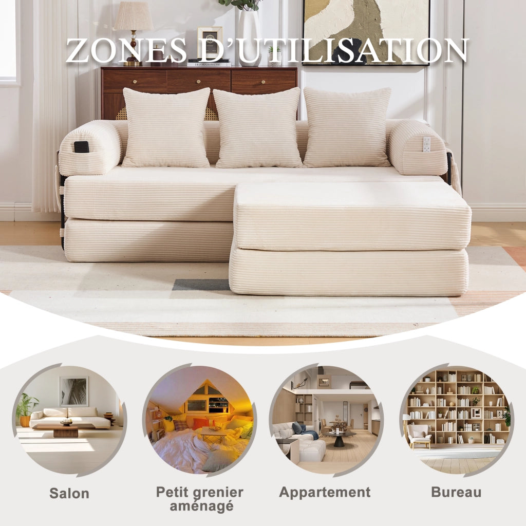 Divano modulare in tessuto corduroy beige con pouf, struttura in metallo, tasca laterale e 3 cuscini