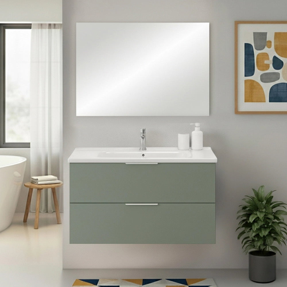 Mobile bagno sospeso 100cm verde opaco con cassetti lavabo e specchio Elva