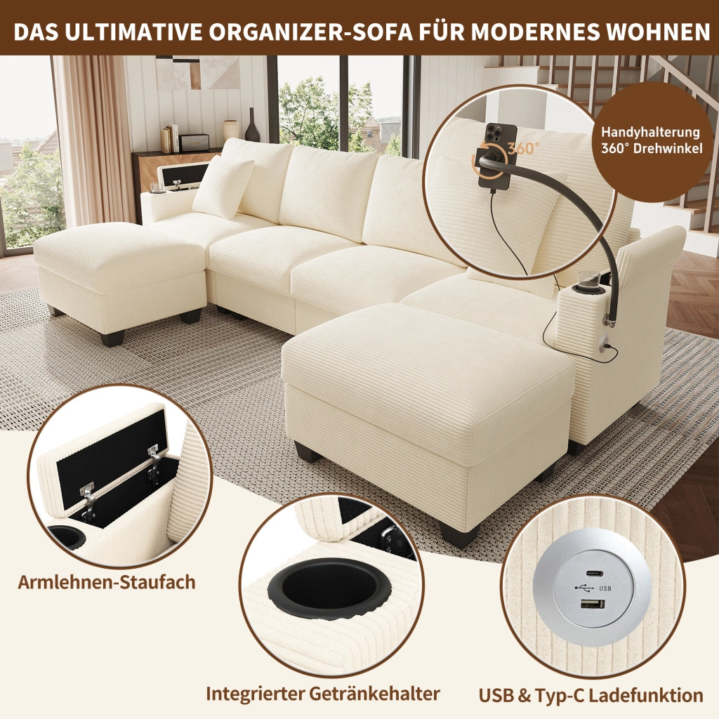 DIVANO angolare modulare U 275,5x139x87 cm in velluto a coste beige