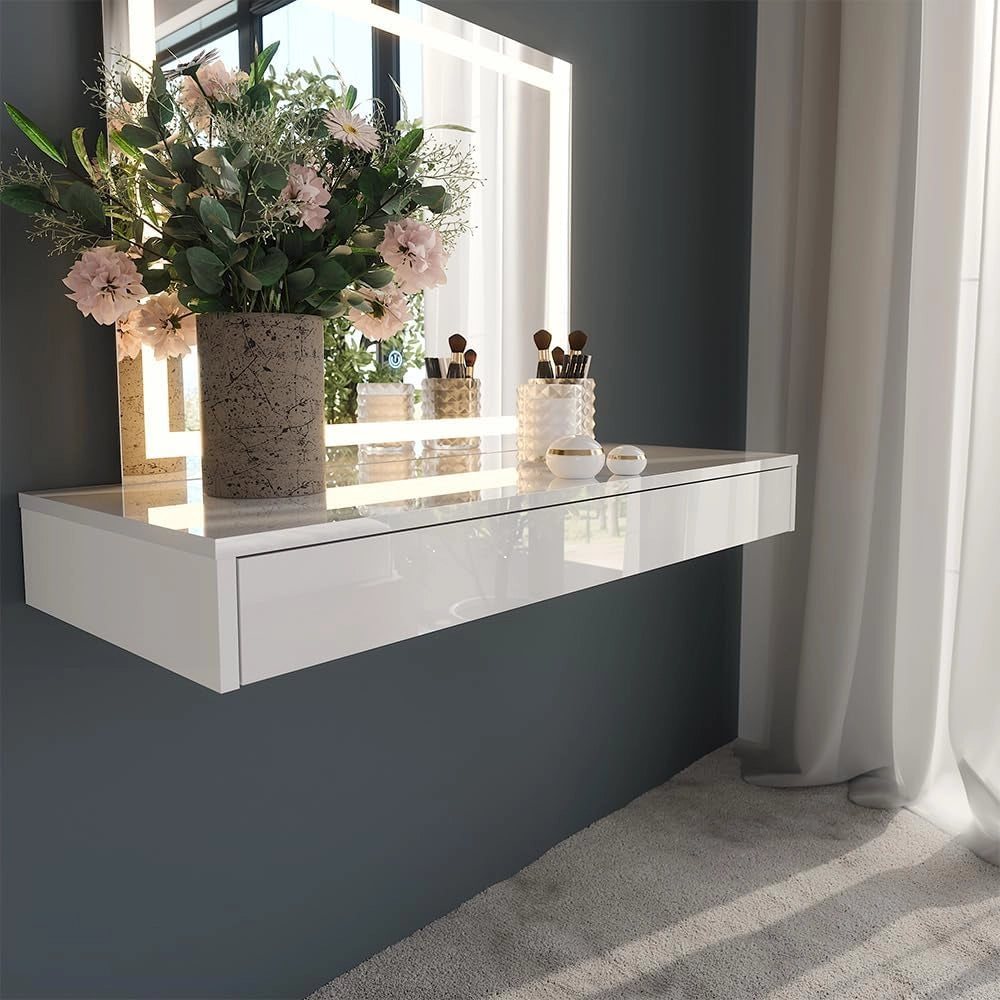 Tavolo da toeletta Sherry, Bianco, 100 cm 2 parti, con specchio fisso integrato per l’uso quotidiano