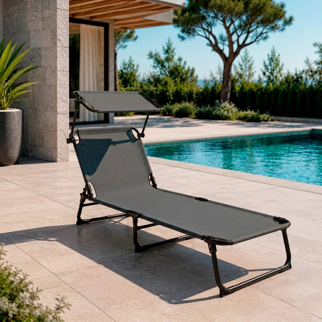 Lettino Pieghevole Con Tettuccio Regolabile Prendisole Parasole Schienale Reclinabile Regolabile Struttura In Metallo Nero Sedia Sdraio Per SpiagMare Giardino Piscina 187 x 53 x 24 Cm Grigio Scuro