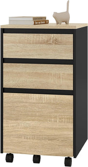 Cassettiera da Ufficio, Cassettiera Portadocumenti a 3 Cassetti, Mobiletto Portaoggetti con Ruote per Studio, Camera da Letto,in Legno, Rovere Chiaro e Nero, 40x40x70cm, ASK01hei