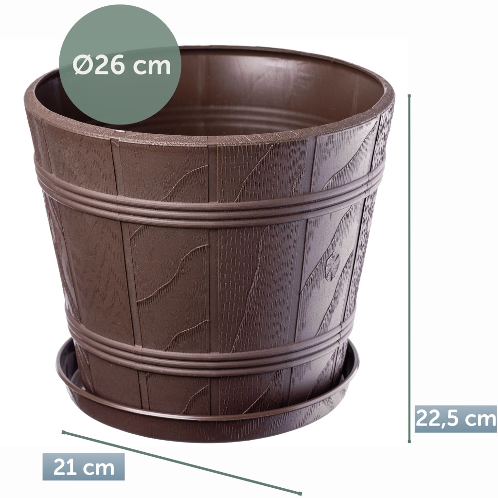 Vaso da fiori KADAX da 26 cm con coperchio effetto legno e supporto in plastica.