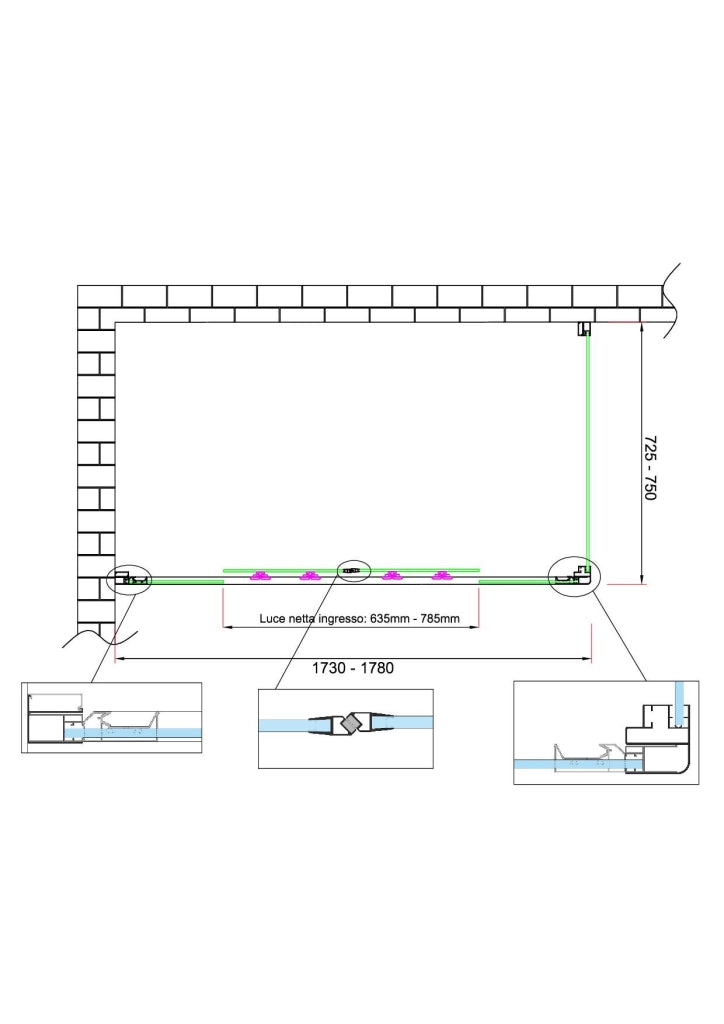 Box doccia 6 mm H 190 parete fissa e porta a 4 ante con apertura centrale MISURA 72,5-75 ANTA FISSA + PORTA 173-178