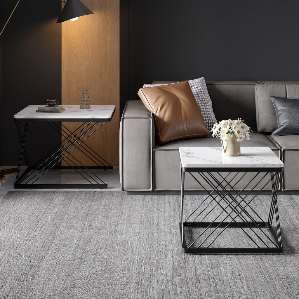 Set di 2 tavolini da caffè 60x60x45 cm e 45x45x40 cm; effetto marmo lucido; MDF; bianco nero
